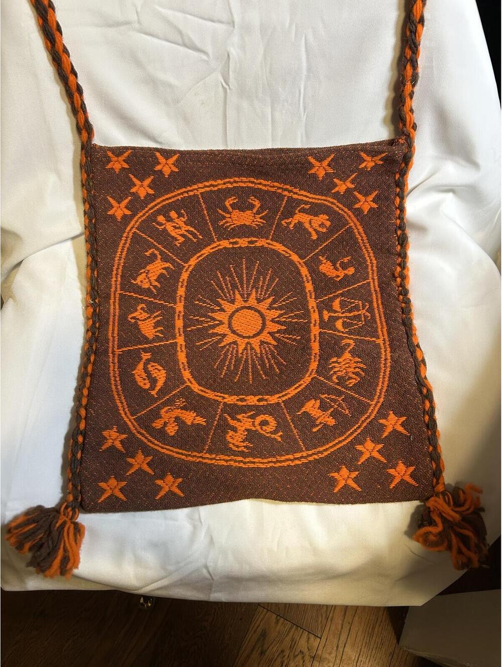 Vintage 70s Greece Zodiac Tapestry Crossbody Bag Celestial Astrology Wheel